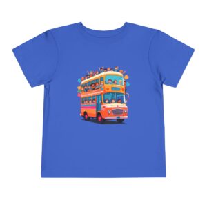 Blue Toddler T-shirt with a cartoon of children in a colorful double-decker bus