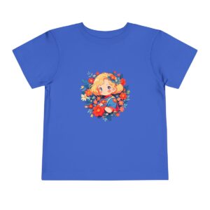 Blue toddler short sleeve tee with a cute superheroine illustration surrounded by flowers