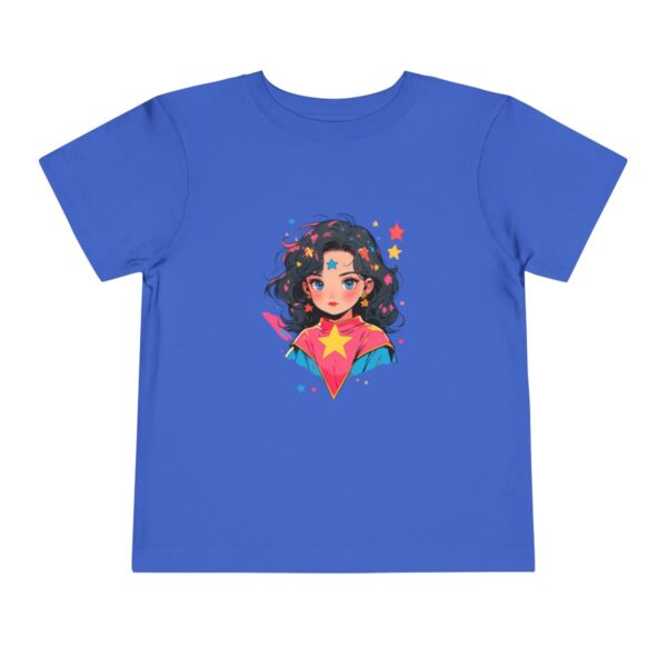 Blue toddler short sleeve tee with a vibrant superheroine illustration featuring stars