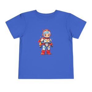 Blue toddler short sleeve tee with a cute superhero in a robotic suit design