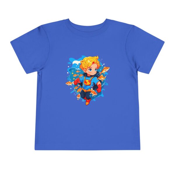 Blue toddler short sleeve tee with a cute blonde superhero character surrounded by fish design