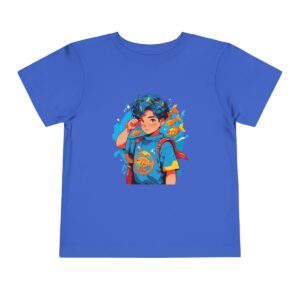 Blue toddler short sleeve tee with a cute superhero character surrounded by fish design