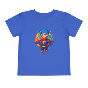 Blue toddler short sleeve tee with a cute superhero character design