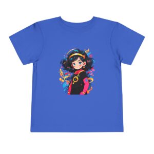 Blue toddler short sleeve tee with a cute superheroine character design