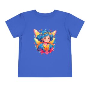 Toddler short sleeve tee with a superheroine design on a bright blue background