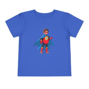 Blue toddler short sleeve tee with a vibrant superhero illustration featuring a child in a cape and mask