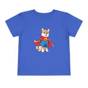 Blue toddler short sleeve tee with a vibrant superhero dog illustration wearing a cape