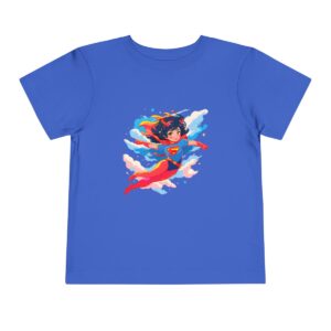 Blue toddler short sleeve tee with a vibrant superheroine illustration flying through clouds