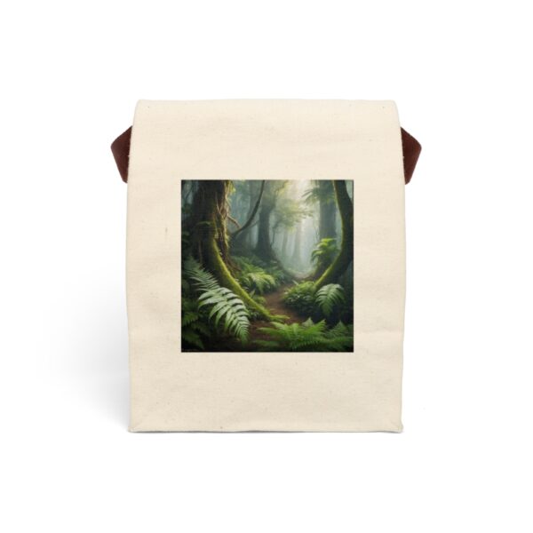 Canvas lunch bag with forest path design, featuring ferns and trees.