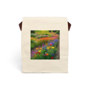 Canvas lunch bag with strap featuring a colorful wildflower garden design