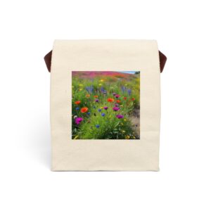 Canvas lunch bag with strap featuring a vibrant wildflower landscape design