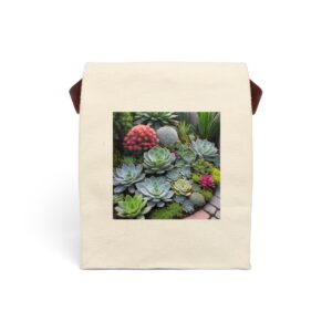 Canvas lunch bag with vibrant cactus garden design.