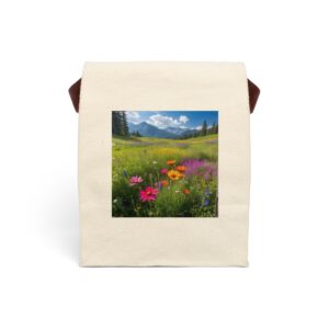 Canvas lunch bag with strap featuring a colorful wildflower meadow design