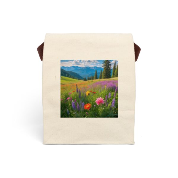 Canvas lunch bag with strap featuring a colorful mountain meadow design