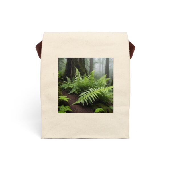 Canvas lunch bag with misty forest and green fern design.