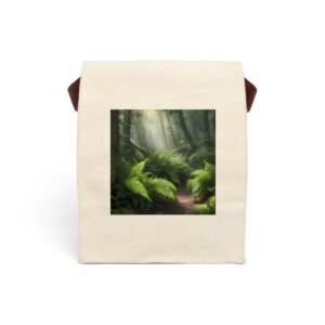 Canvas lunch bag with serene forest path and lush fern design.