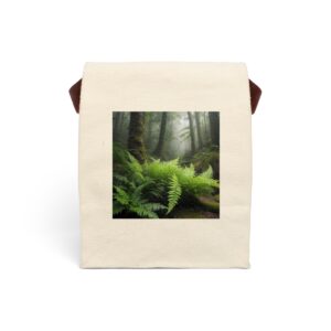 Canvas lunch bag with misty forest and fern design.