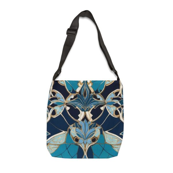 Tote Bag with intricate floral design in sapphire and turquoise hues with gold accents