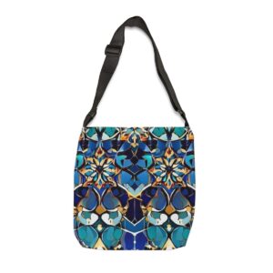 Tote Bag with intricate geometric floral pattern in sapphire, turquoise, and gold tones