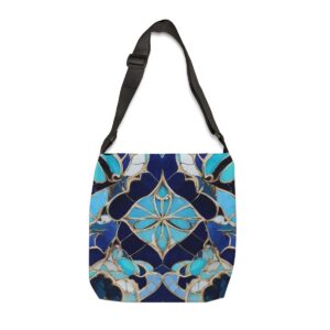 Tote Bag with intricate floral mosaic design in sapphire, turquoise, and gold tones