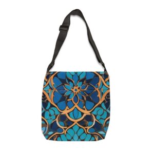 Tote Bag with intricate floral design in sapphire, turquoise, and gold tones