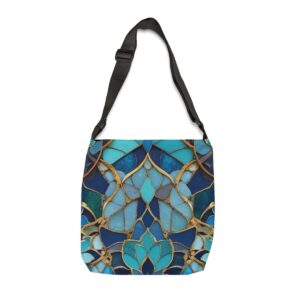 Tote Bag with intricate sapphire and turquoise mosaic pattern and gold accents