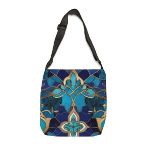 Tote Bag with intricate sapphire and turquoise pattern and gold accents