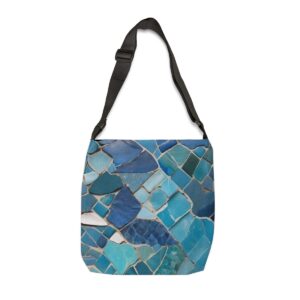 Tote Bag with blue mosaic pattern featuring abstract geometric shapes