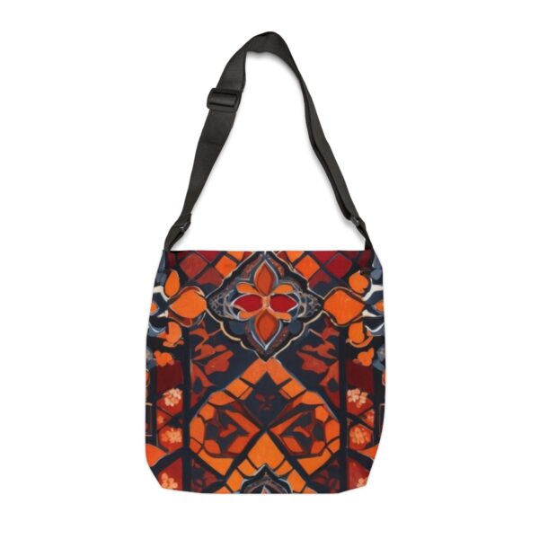 Tote Bag with bold mosaic-inspired pattern in red, orange, and black tones