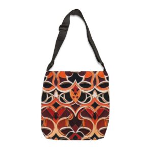 Tote Bag with intricate geometric pattern featuring red, orange, and black shapes