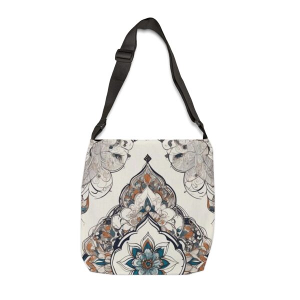 Tote Bag with intricate Moroccan-inspired celebration pattern in soft tones and adjustable strap