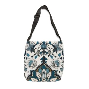 Tote Bag with intricate Moroccan-inspired celebration design in blue and white, with adjustable strap