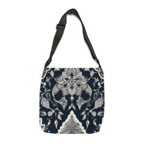 Tote Bag with intricate black and white Moroccan-inspired celebration pattern and adjustable strap