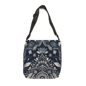 Tote Bag with intricate black and white Moroccan mosaic pattern and adjustable strap