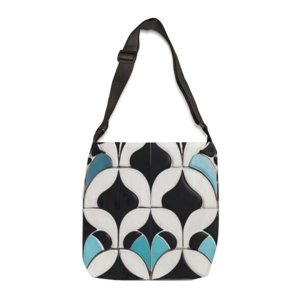 Tote Bag with black, white, and blue Moroccan mosaic pattern and adjustable strap