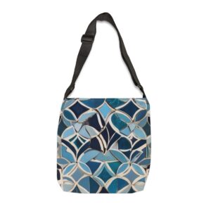 Tote Bag with blue Moroccan mosaic tile pattern and adjustable strap