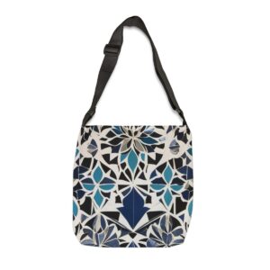 Tote Bag with blue and white intricate Moroccan mosaic pattern and adjustable strap