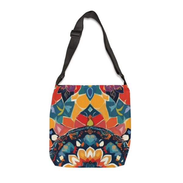 Tote Bag with colorful market-inspired floral design and adjustable strap