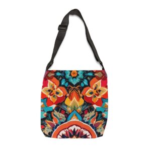 Tote Bag with vibrant market-inspired floral design and adjustable strap