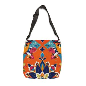 Tote Bag with vibrant market-inspired floral pattern on orange background and adjustable strap