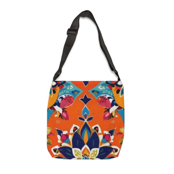 Tote Bag with vibrant market-inspired floral pattern on orange background and adjustable strap