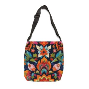 Tote Bag with vibrant market-inspired floral pattern and adjustable strap