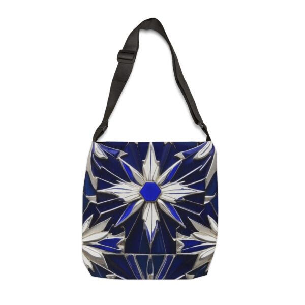 Tote Bag with bold blue and white starburst tile pattern and adjustable strap