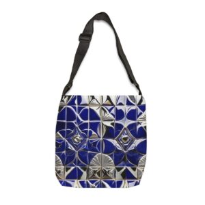 Tote Bag with intricate blue and silver starburst tile pattern and adjustable strap