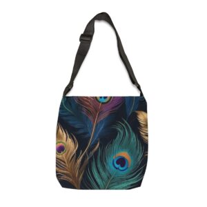 Tote Bag with vibrant peacock feather pattern and adjustable strap