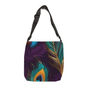 Tote Bag with colorful peacock feather design and adjustable strap