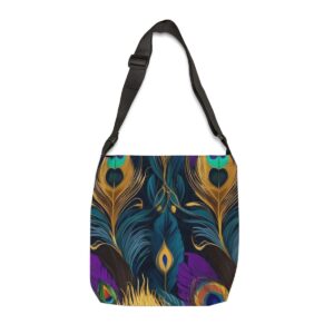 Tote Bag with vibrant peacock feather design and adjustable strap