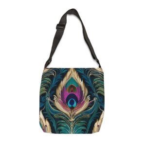 Tote Bag with vibrant peacock feather design featuring teal, purple, and gold accents and adjustable strap