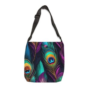 Tote Bag with vibrant multicolored peacock feather design featuring blue, green, and purple accents and adjustable strap