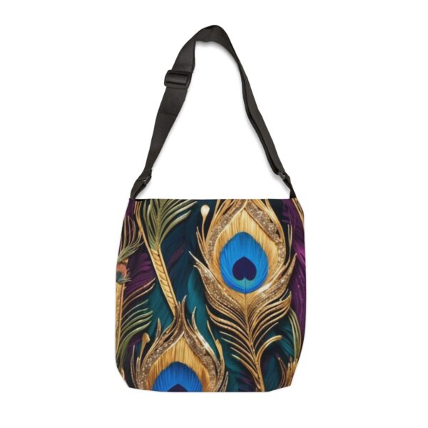 Tote Bag with detailed peacock feather design featuring vibrant blue and gold accents and adjustable strap